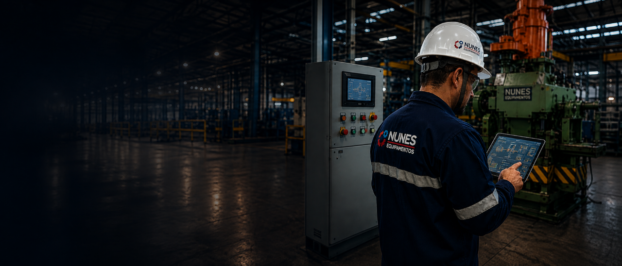 Técnico da Nunes Equipamentos realizando manutenção com tablet