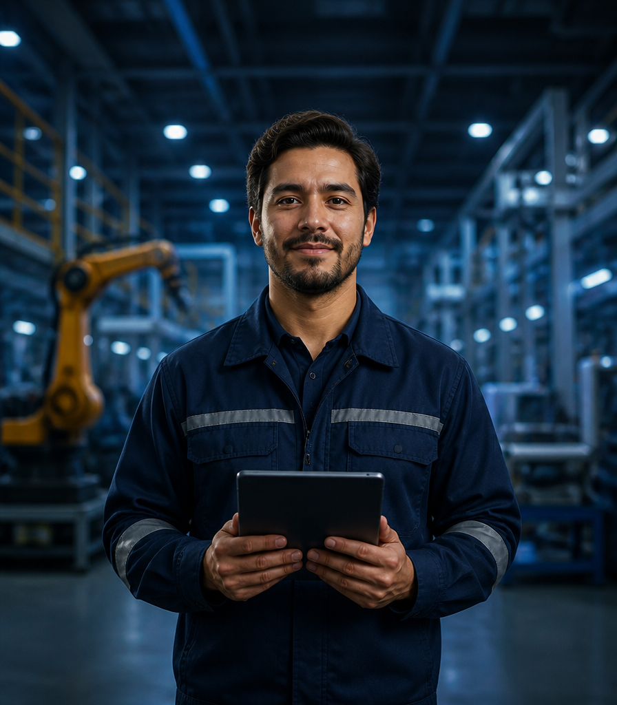 Engenheiro industrial da Nunes Equipamentos com tablet em ambiente fabril