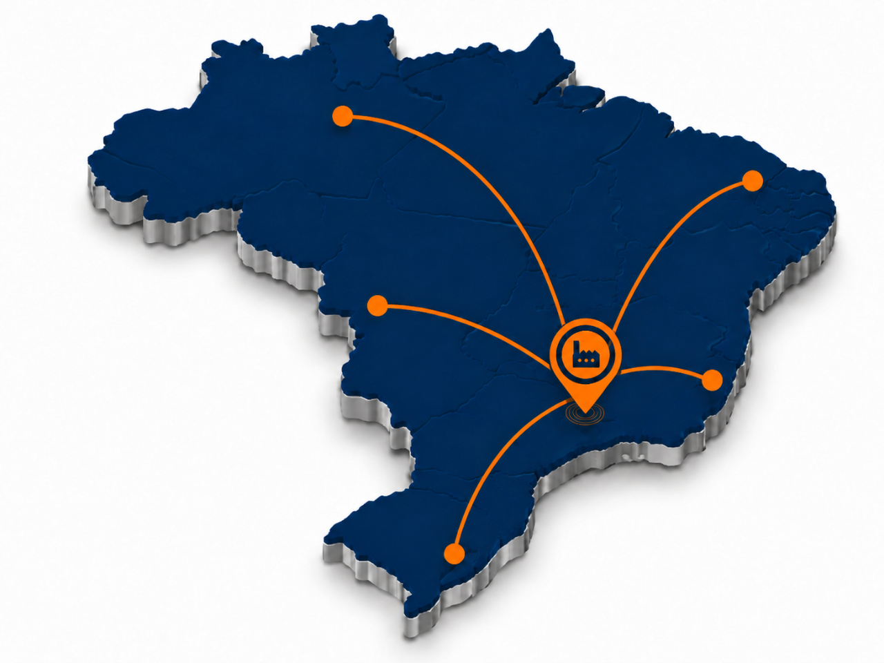 Mapa 3D do Brasil com conexões de atendimento da Nunes Equipamentos